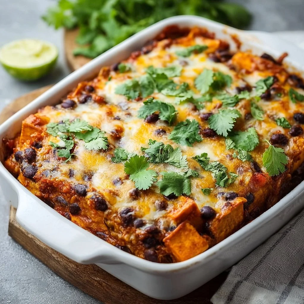 Sweet Potato and Black Bean Enchilada Casserole topped with fresh herbs