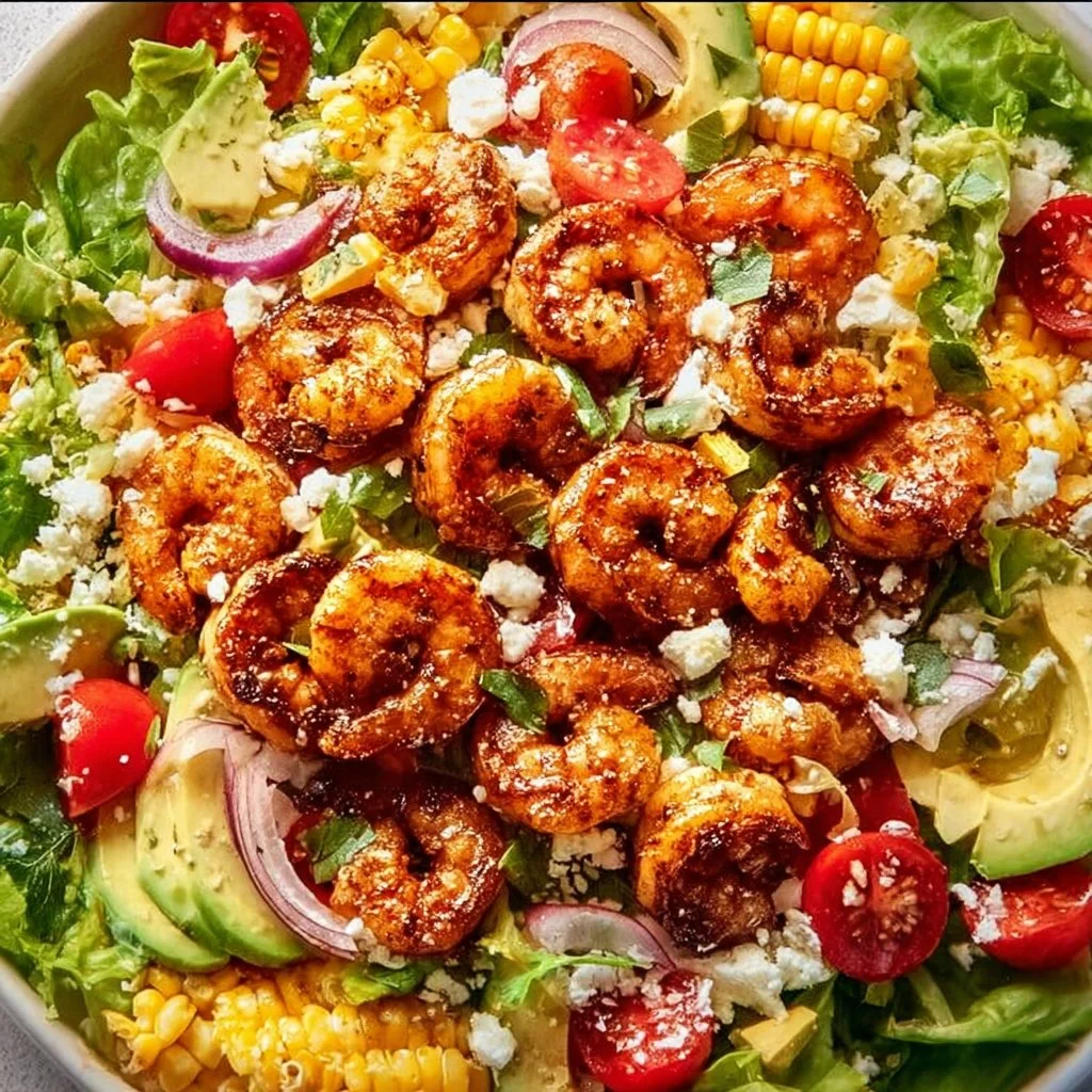 Delicious Southwest Honey Lime Shrimp Salad with fresh ingredients and vibrant colors.