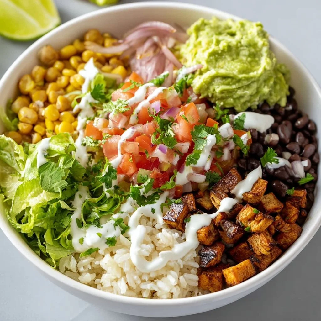 Delicious vegan burrito bowl filled with fresh ingredients and spices