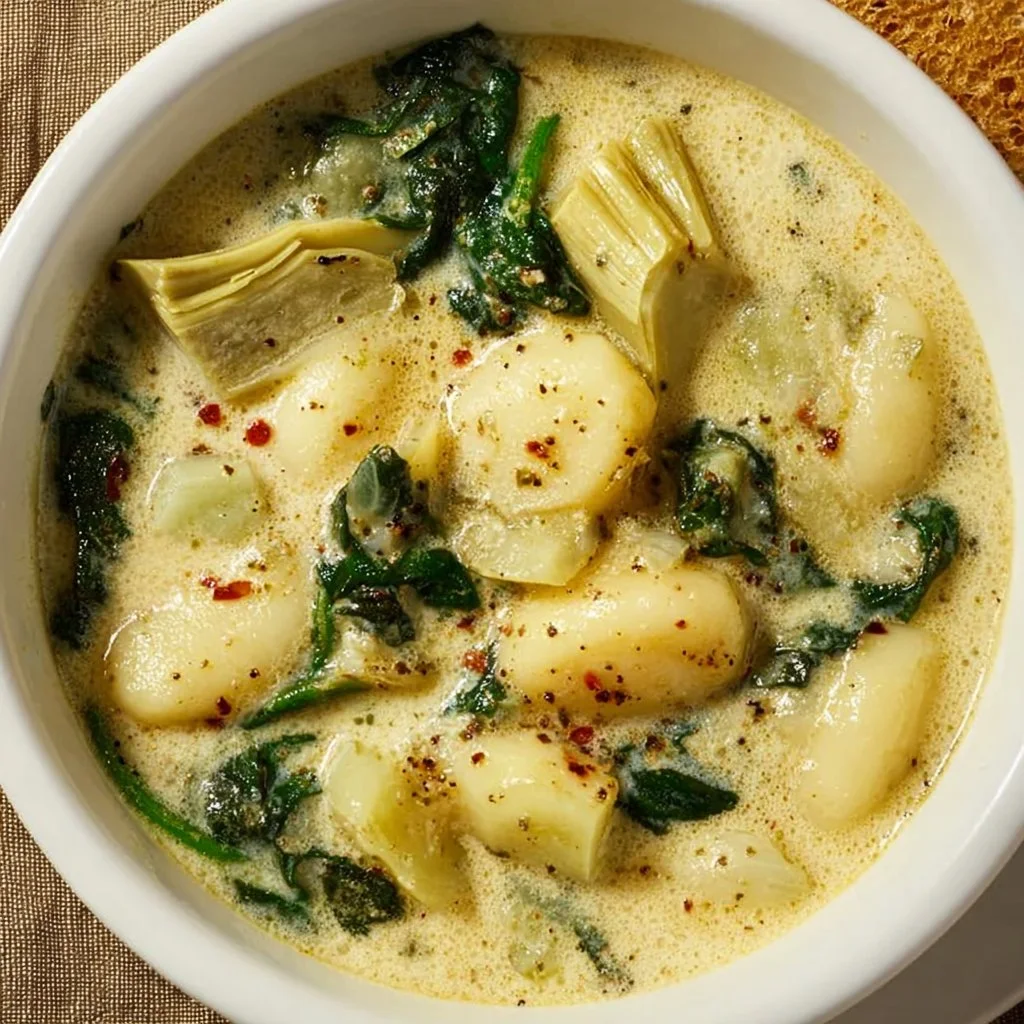 Vegan spinach artichoke gnocchi soup in a bowl, garnished with herbs.