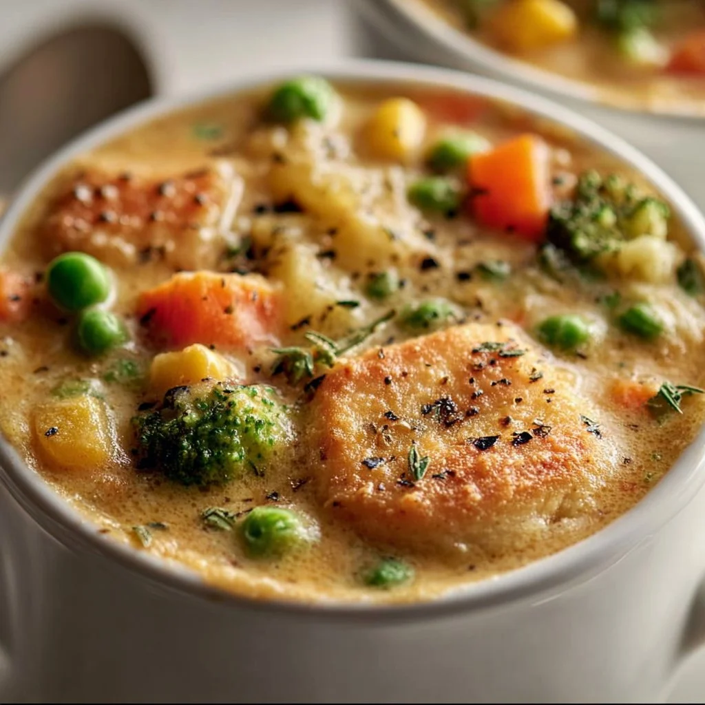 Bowl of Veggie Pot Pie Soup garnished with herbs and vegetables.