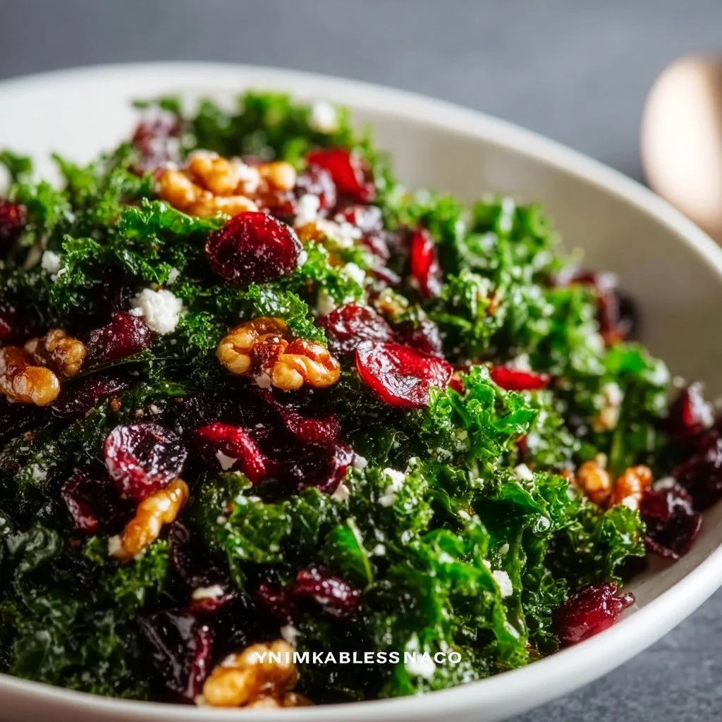 Colorful 10-Minute Kale and Cranberry Salad in a bowl with fresh ingredients