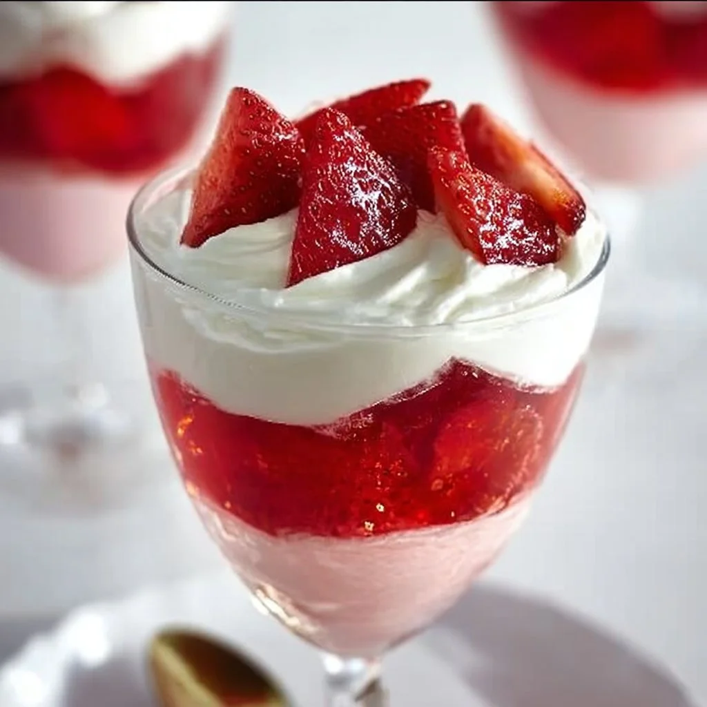 Delicious 3-ingredient strawberry parfait in a glass with fresh strawberries.
