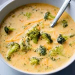 Bowl of 30 minute broccoli cheddar soup garnished with cheese and broccoli florets.