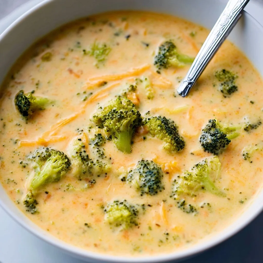 Bowl of 30 minute broccoli cheddar soup garnished with cheese and broccoli florets.