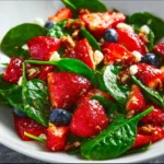 Fresh strawberry spinach salad topped with nuts and dressing