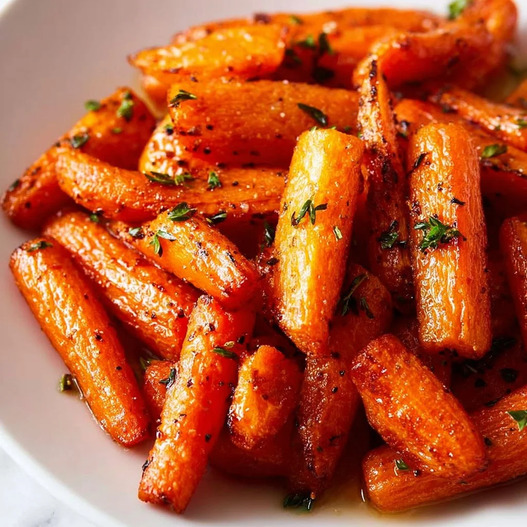 Air fryer carrots drizzled with honey garlic butter, served in a bowl