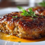 Amish Hamburger Steak Bake served on a rustic wooden table.