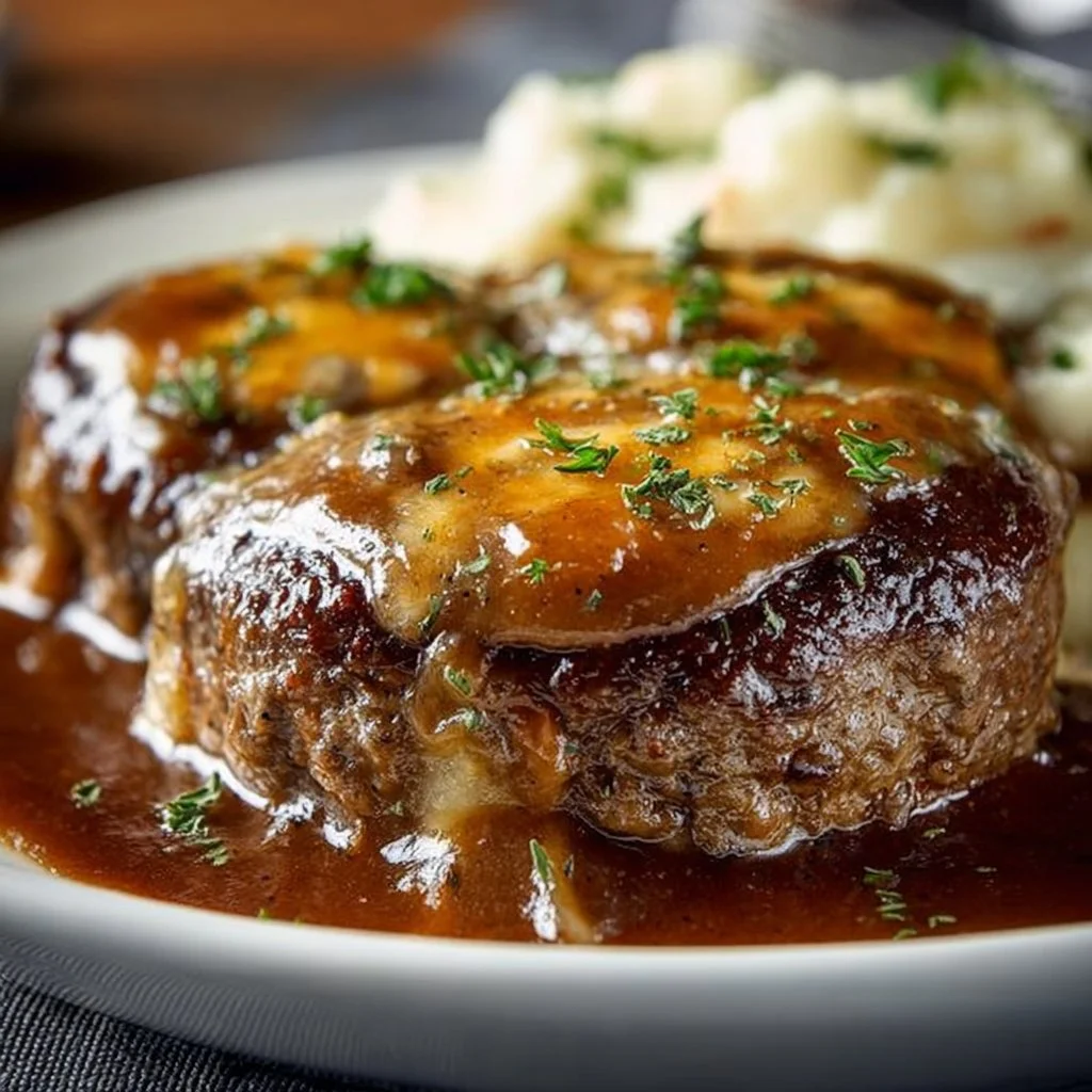 Amish Hamburger Steak Bake with juicy hamburger steak and rich gravy