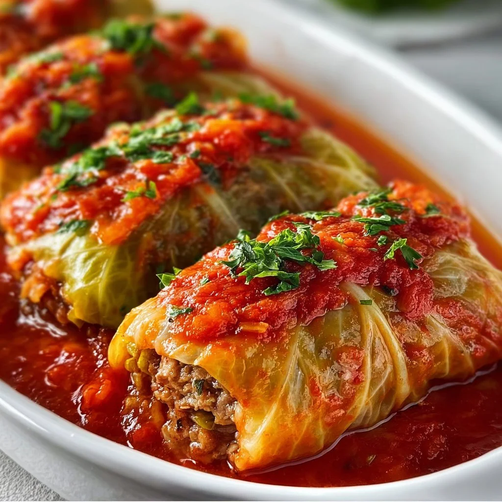 Authentic stuffed cabbage rolls served on a plate with sauce