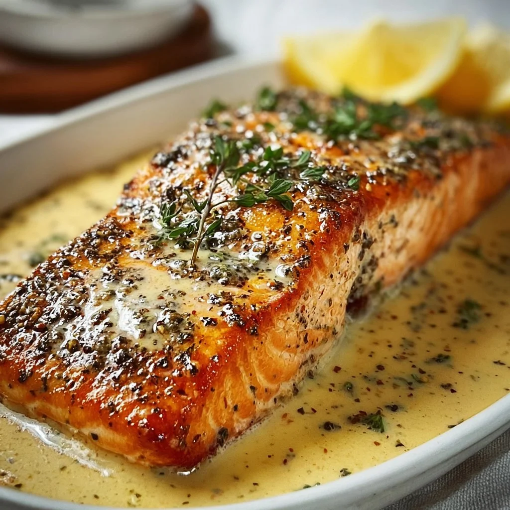 Baked Boursin Salmon topped with herbs and served on a plate
