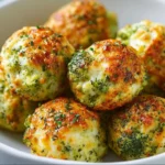 A platter of baked broccoli cheese balls, golden and crispy, garnished with herbs.