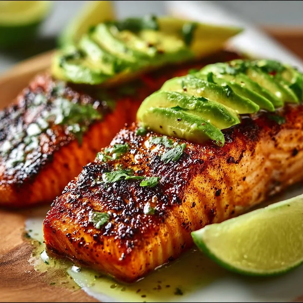 Baked Cajun Salmon served with fresh avocado slices on a plate