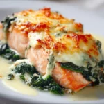 Baked salmon fillet served with sautéed spinach on a plate.