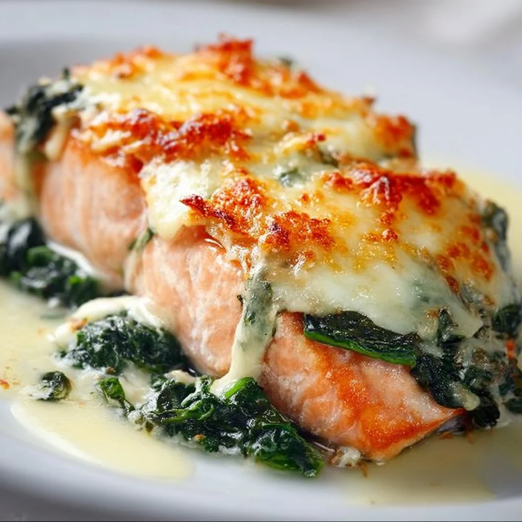 Baked salmon fillet served with sautéed spinach on a plate.