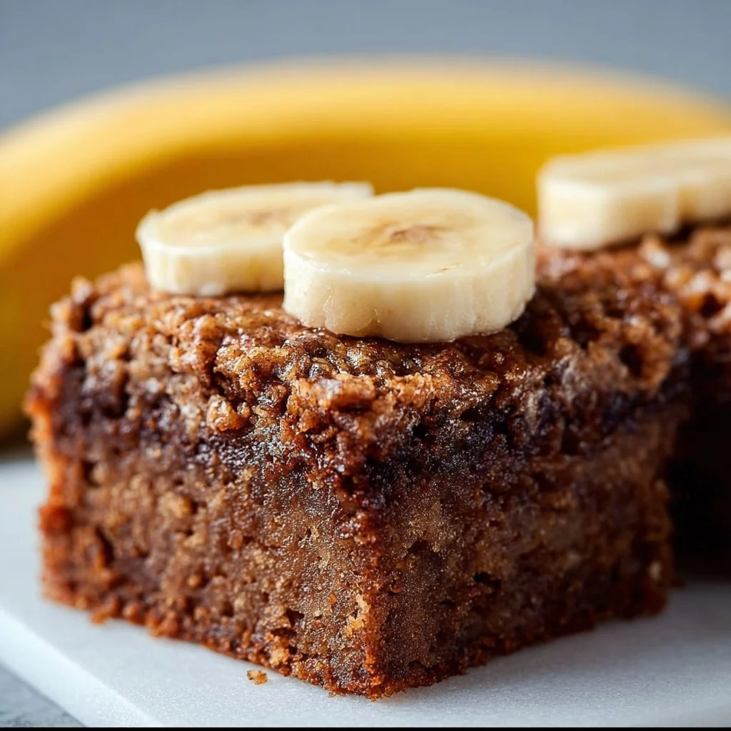 Delicious homemade banana bread brownies served on a white plate.