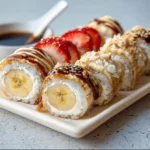 Colorful Banana Sushi Rolls with fruits and nuts, a healthy dessert option.