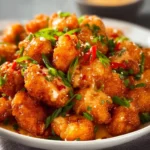 Plate of Bang Bang Chicken with a spicy sauce and garnish