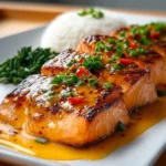 Divine Bang Bang Salmon served on a plate garnished with herbs and spicy sauce.