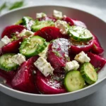 Colorful beet salad with feta and cucumbers in a bowl