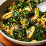 Delicious garlic sautéed cabbage and kale skillet dish in a frying pan.