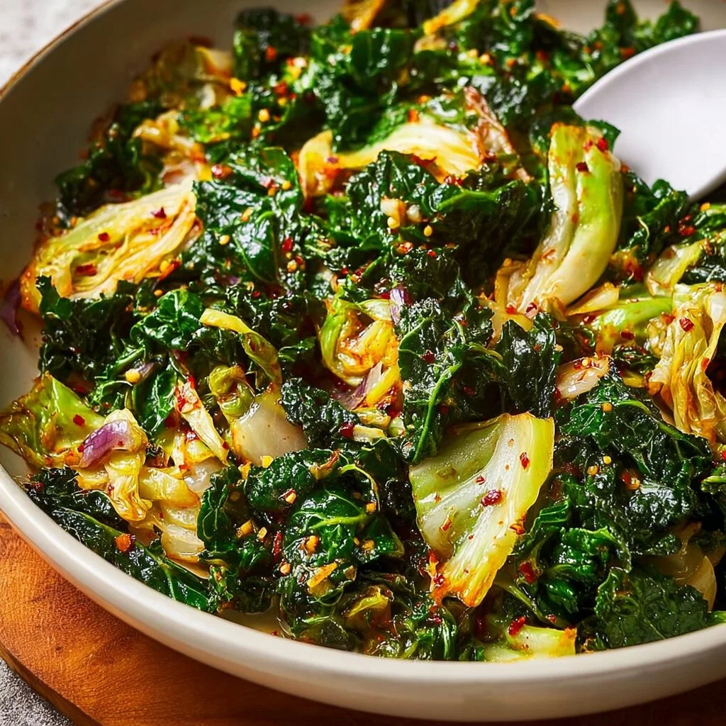 Delicious garlic sautéed cabbage and kale skillet dish in a frying pan.
