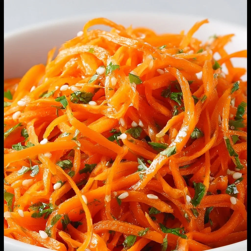 A vibrant Korean Carrot Salad with carrots, garlic, and spices in a bowl.