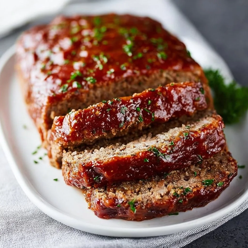 Delicious meatloaf on a plate with rich glaze and fresh herbs
