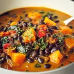 Delicious black bean stew with butternut squash and collard greens in a bowl.