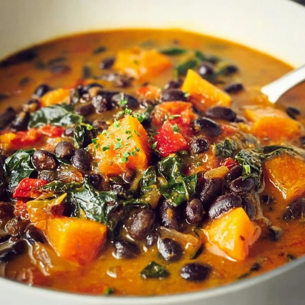 Delicious black bean stew with butternut squash and collard greens in a bowl.