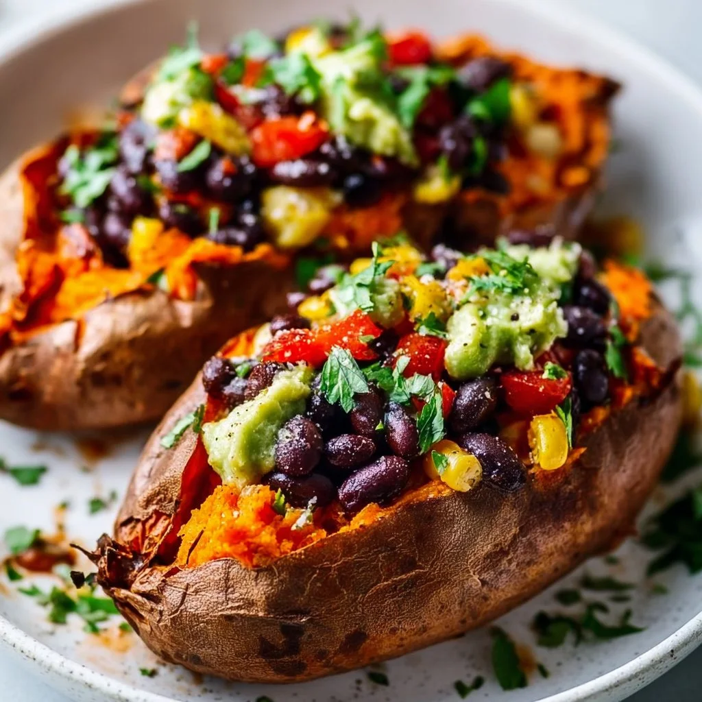 Black bean stuffed sweet potatoes topped with fresh ingredients and spices.