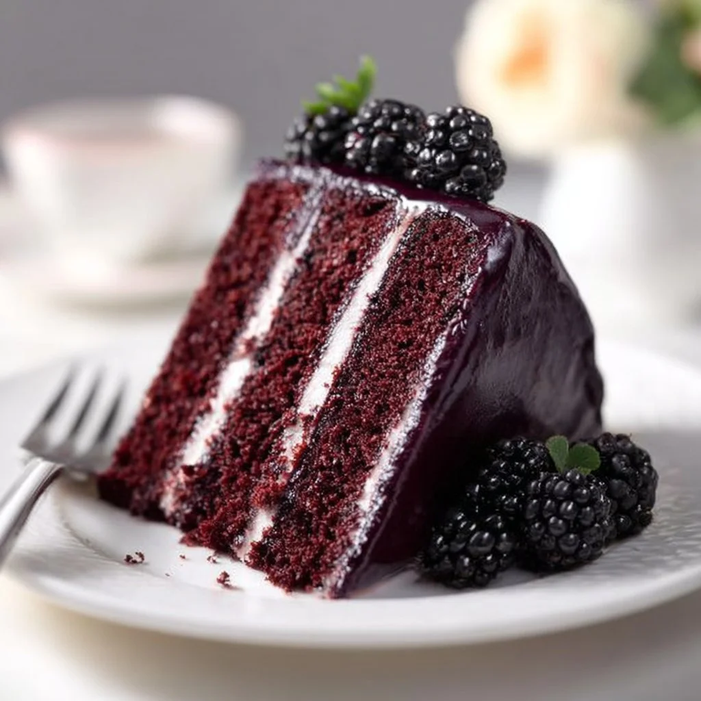 Delicious slice of Blackberry Velvet Cake topped with blackberries and cream