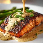 Perfectly cooked blackened salmon filet with spices and herbs on a plate.