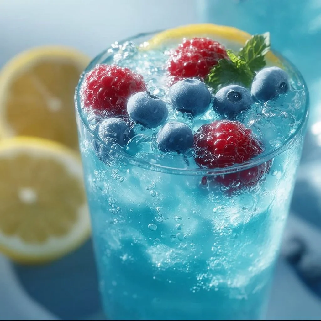 A refreshing glass of blue raspberry lemonade garnished with fresh raspberries and lemon slices.