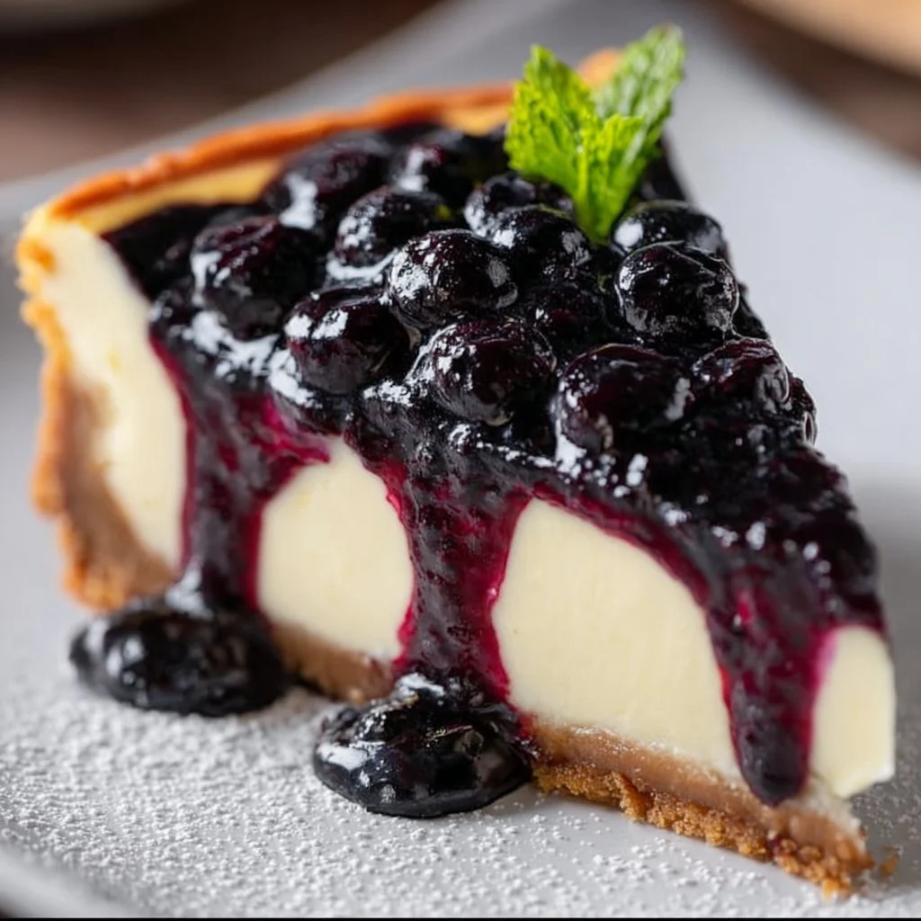 Slice of Blueberry Bliss Cheesecake topped with fresh blueberries and cream