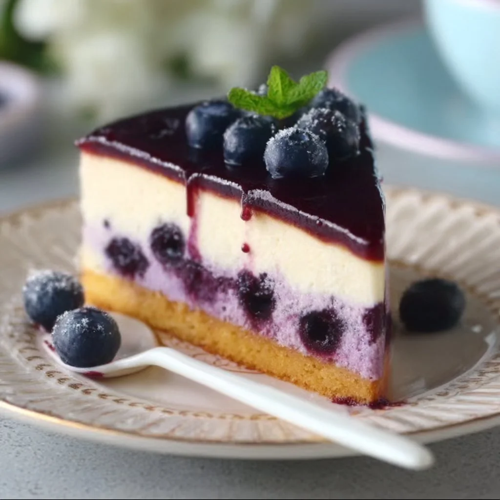 Delicious homemade blueberry cake topped with fresh blueberries
