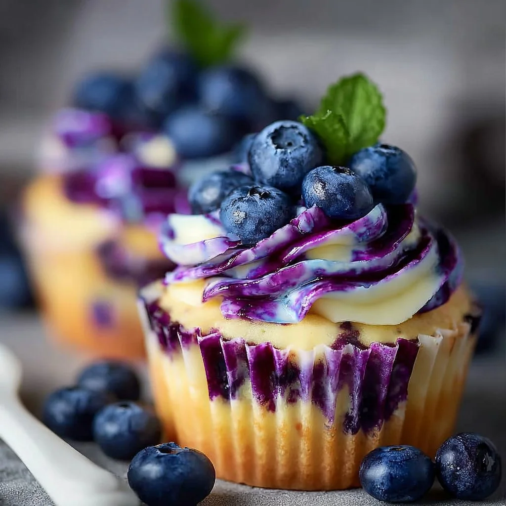 Delicious blueberry cheesecake cupcakes topped with fresh blueberries