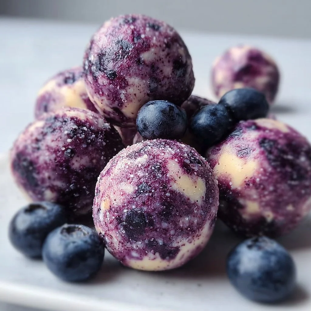 Blueberry cheesecake protein bites on a wooden board topped with fresh blueberries