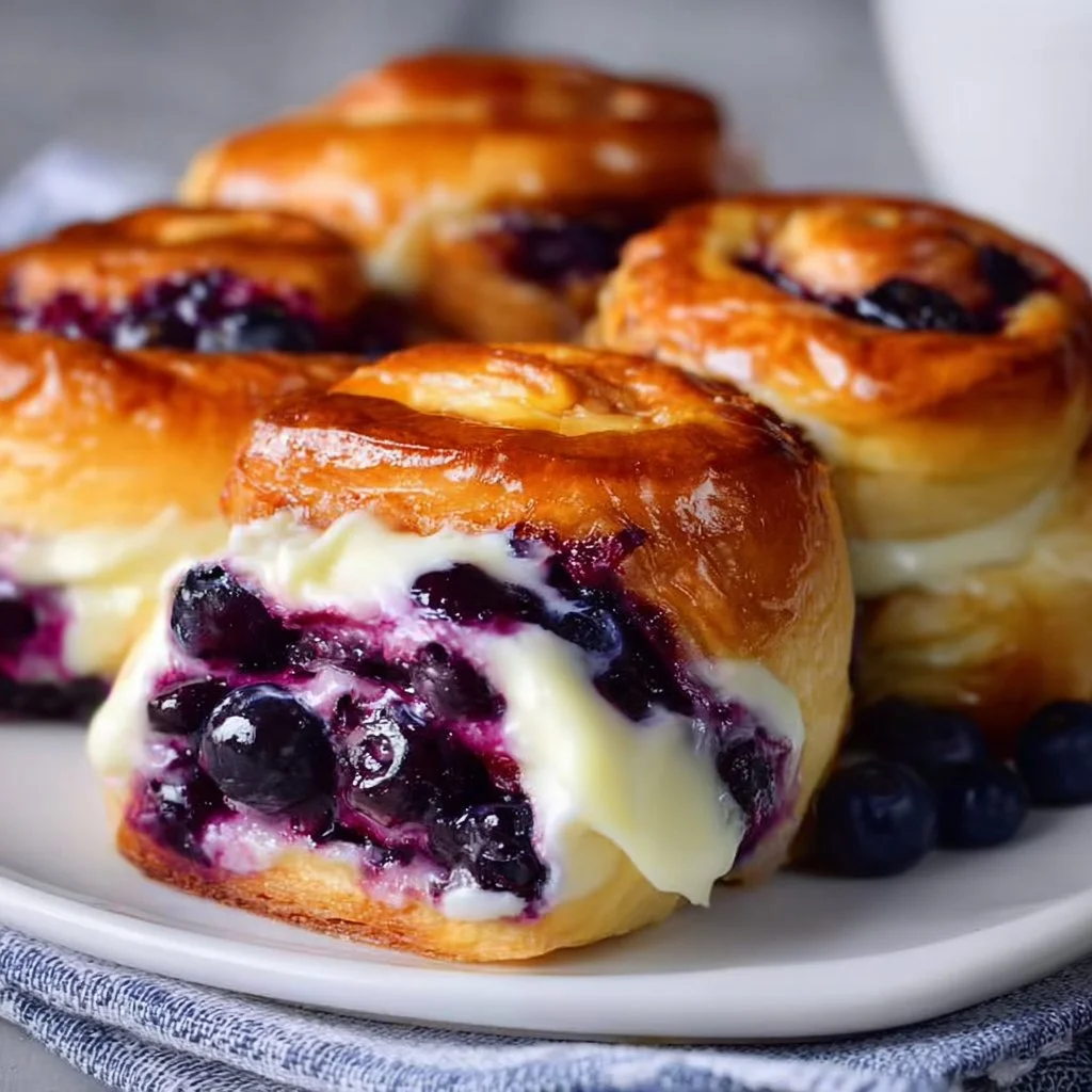 Delicious blueberry cheesecake rolls topped with fresh blueberries