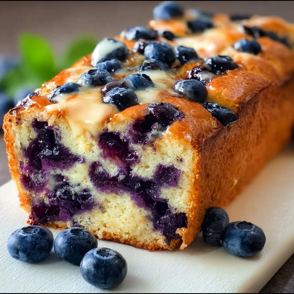 Homemade blueberry cream cheese bread slices on a wooden table
