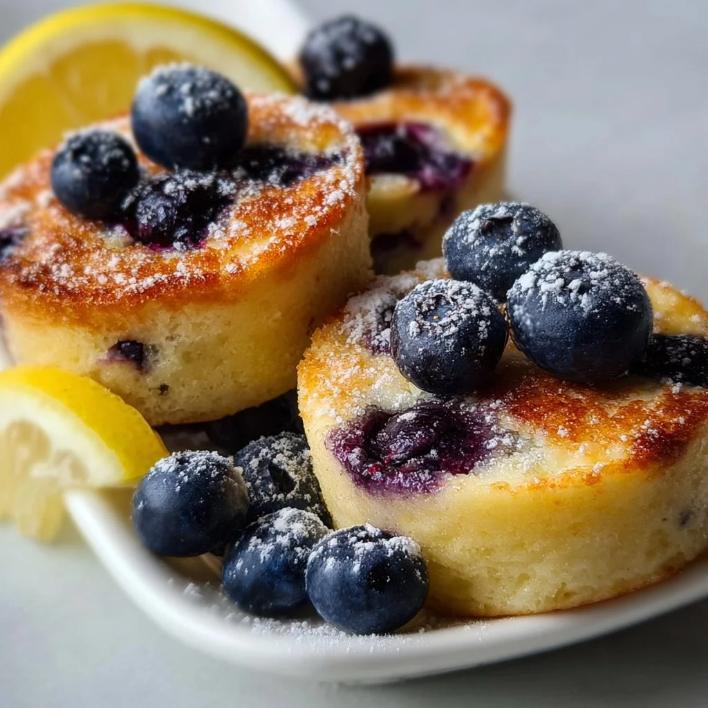 Blueberry lemon pancake bites on a plate ready to be enjoyed.