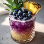 Blueberry Pineapple Tequila Sour cocktail garnished with fresh blueberries and pineapple.
