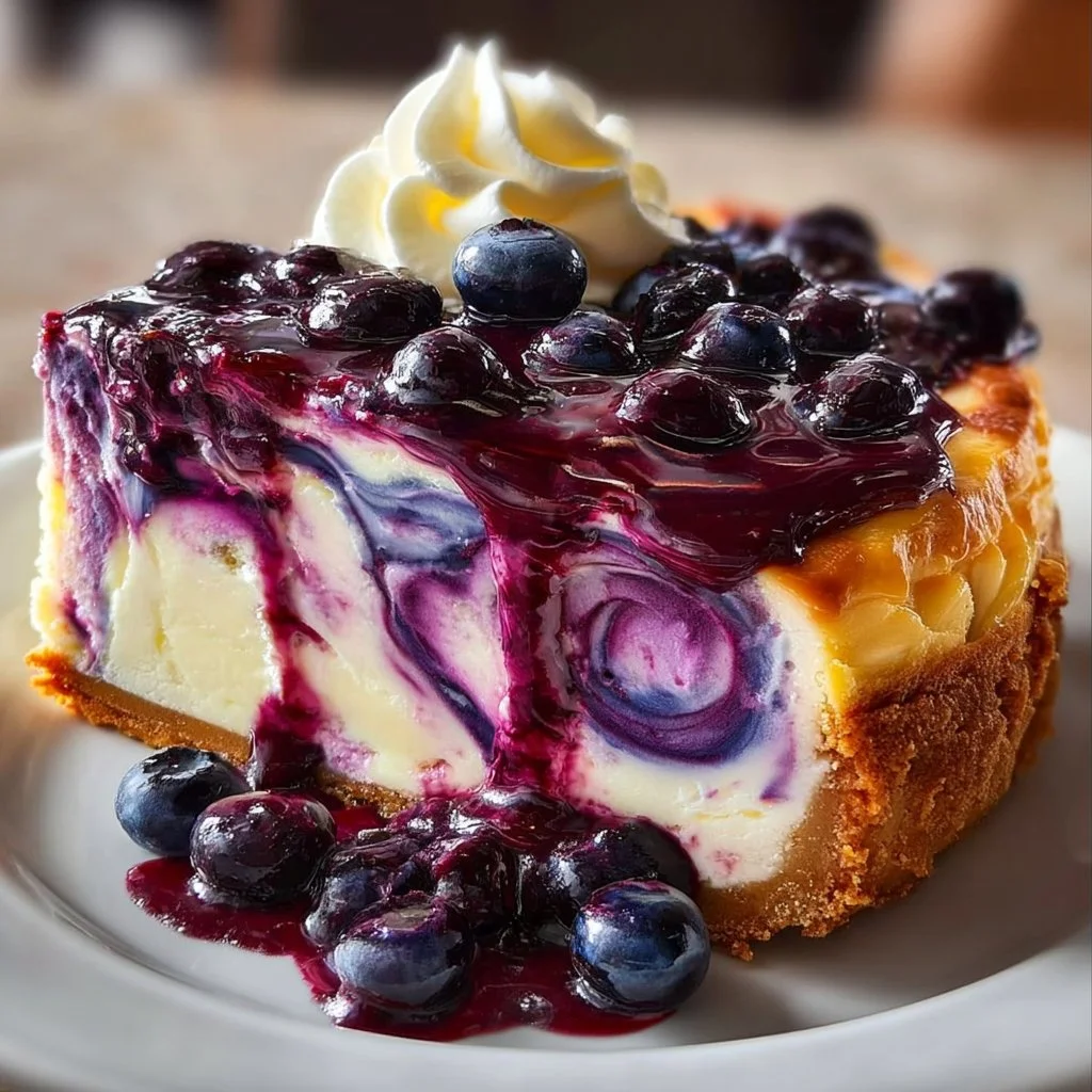 Slice of homemade Blueberry Swirl Cheesecake topped with fresh blueberries