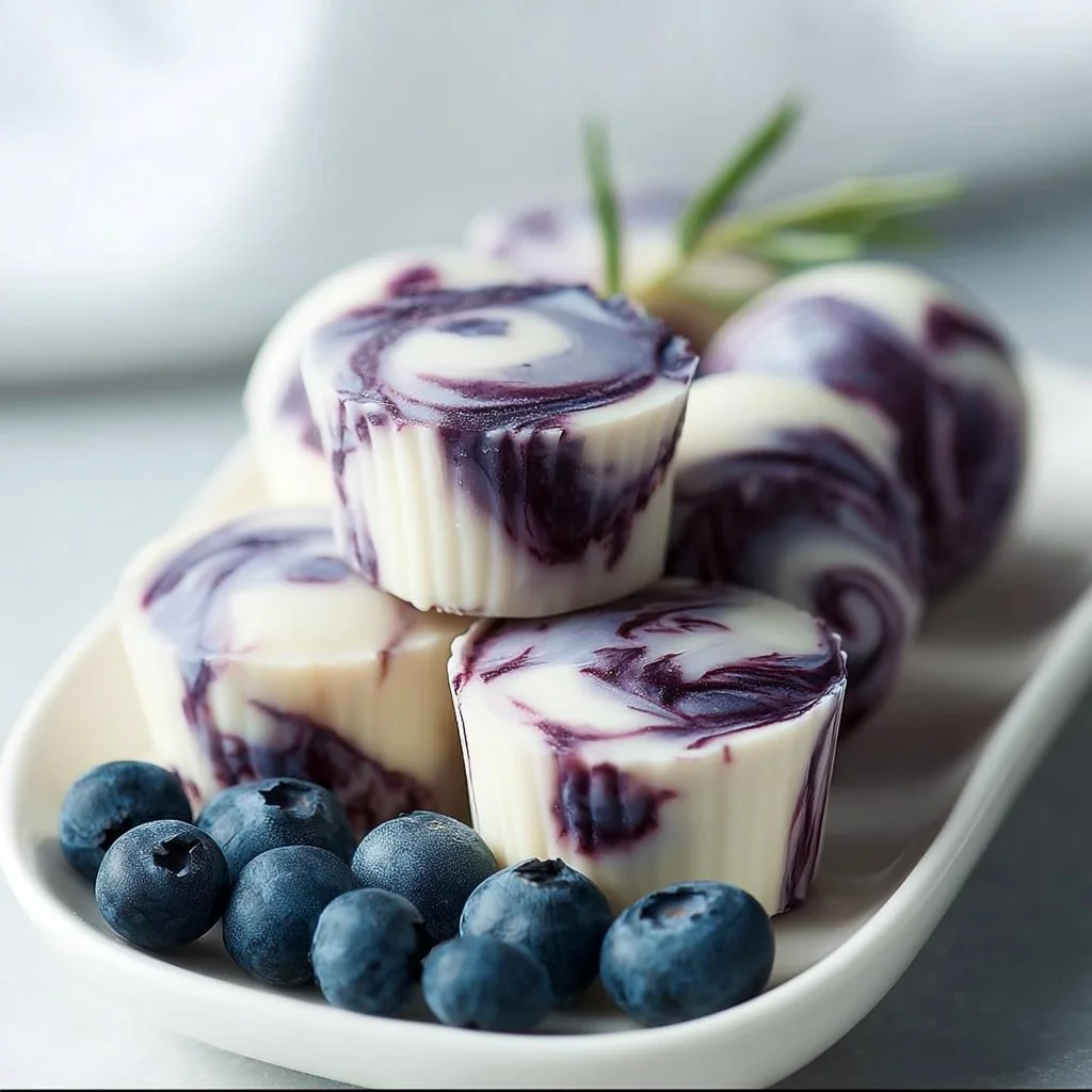 Blueberry swirl yogurt bites on a wooden board