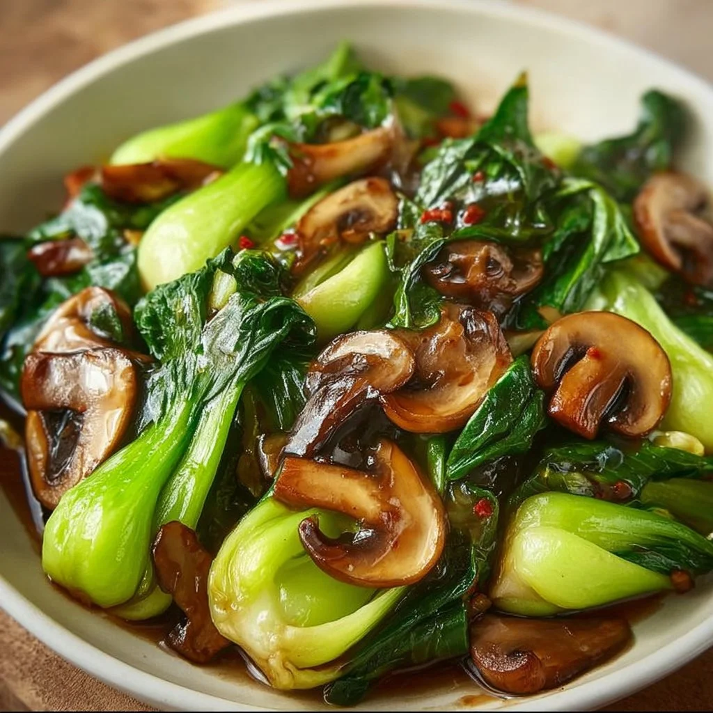 Bok Choy and Mushroom Stir Fry in a colorful bowl with vibrant vegetables.