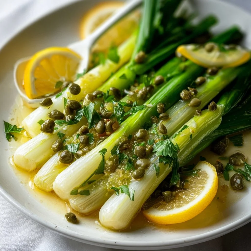 Deliciously braised spring onions served as a side dish