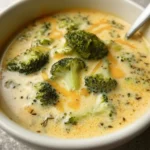 Bowl of homemade broccoli cheddar soup garnished with cheese and herbs