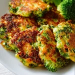 Plate of crispy and golden broccoli fritters garnished with herbs.