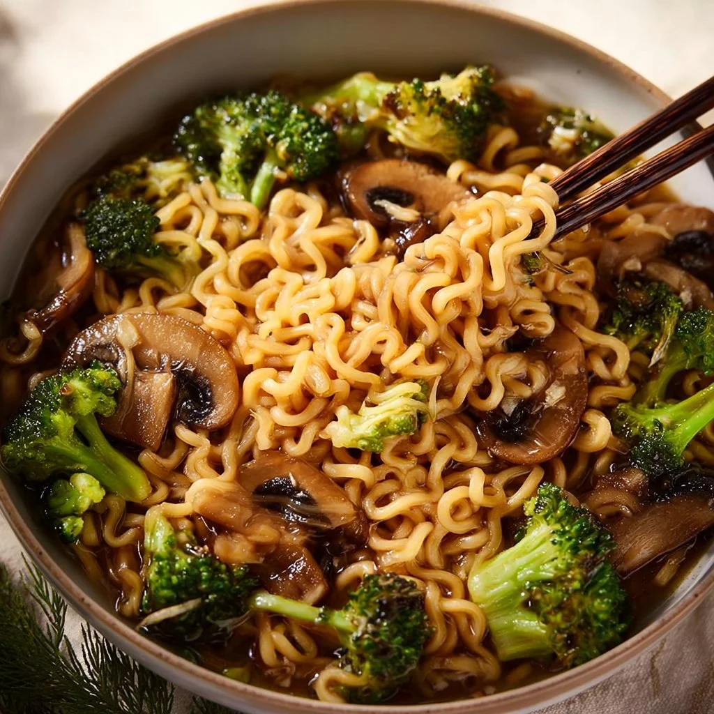 Bowl of Broccoli Mushroom Ramen with fresh vegetables and broth