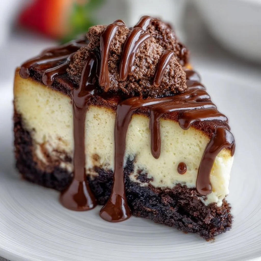 Brownie Cheesecake Birthday Cake with chocolate and cream cheese layers